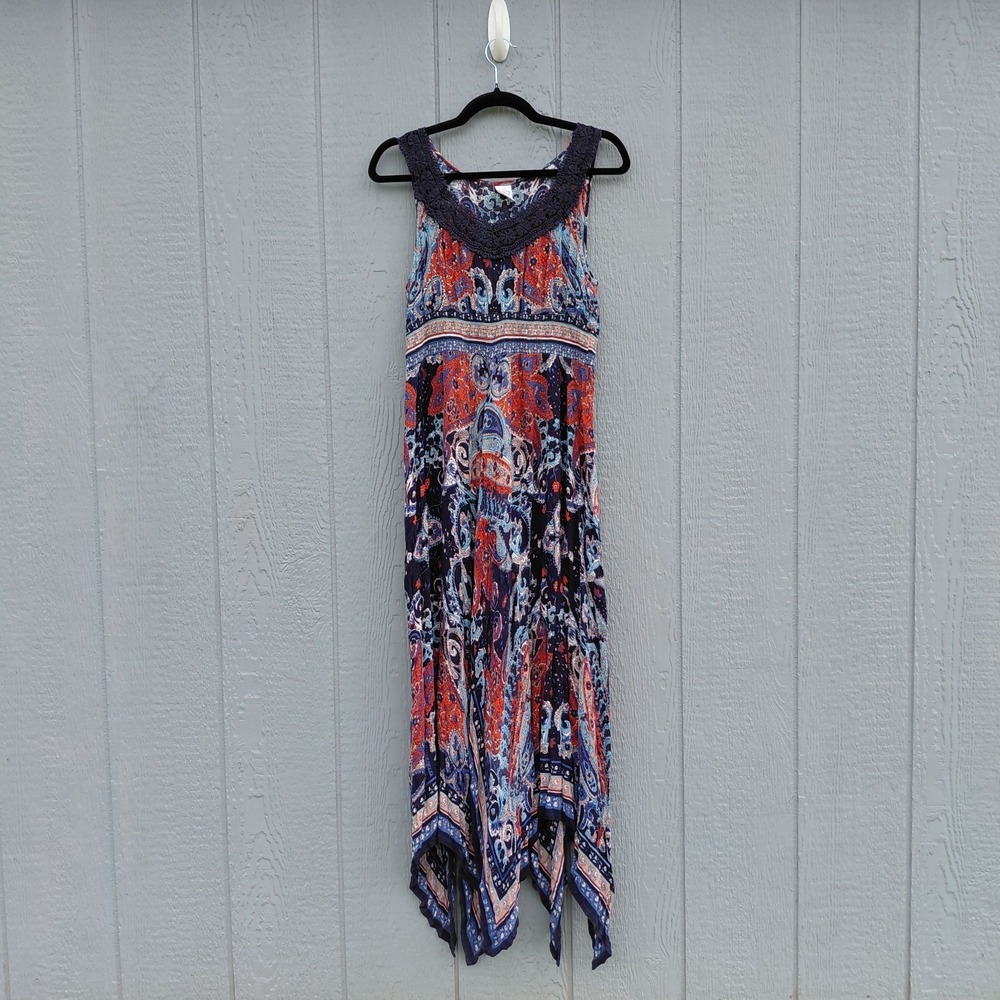 Bila Asymmetric Hanky Hem Maxi Dress Med Red White & Blue Lace Trim - Picture 1 of 13